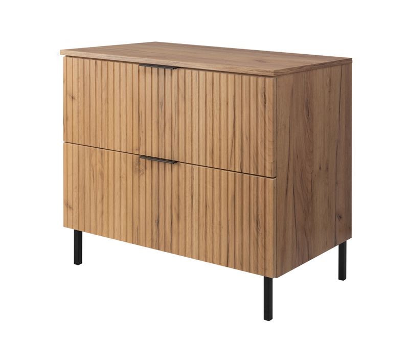 Meuble Vasque, Chêne Craft, 80 X 77 X 46 Cm, Poignée Noiree, Pieds Noirs + Plan De Travail