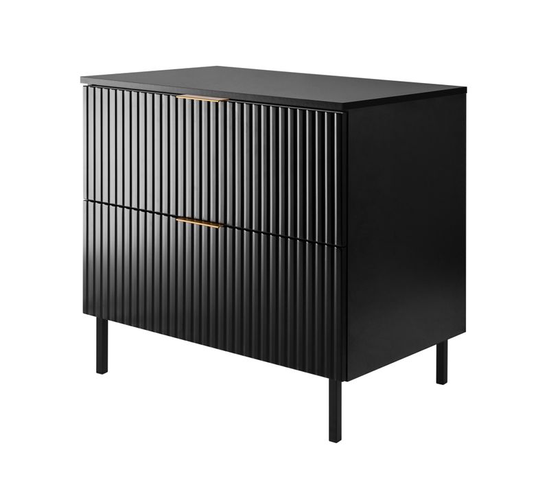 Meuble Vasque, Noir, 80 X 77 X 46 Cm, Poignée Dorée, Pieds Noirs + Plan De Travail