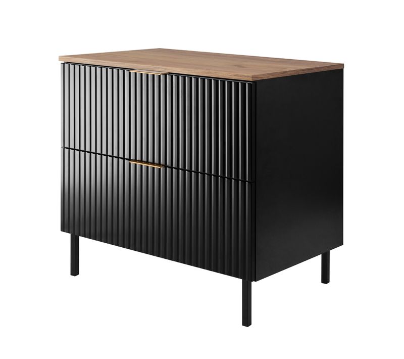 Meuble Vasque, Noir, Chêne Craft + Poignée Dorée, 80 X 77 X 46 Cm, Pieds Noirs + Plan De Travail