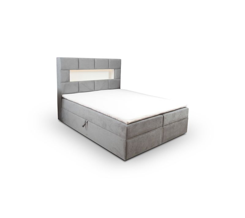 Lit Adulte 180x200 Cm Comolux Rangement Matelas Ressorts Ensachés Surmatelas Et LED En Velours Gris