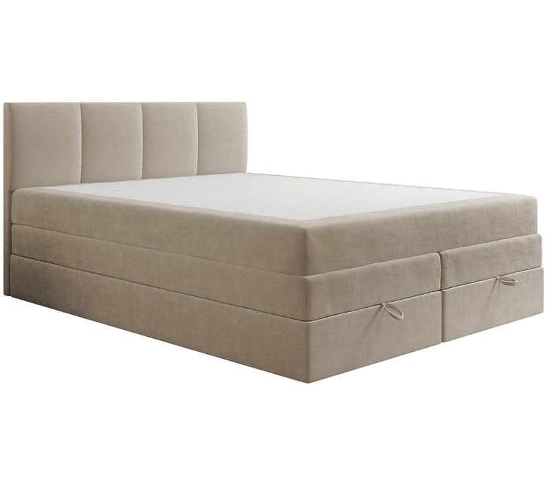 Lit Boxspring 180x200 Cm Prado Avec Rangement Et Matelas Ressorts Ensachés En Velours Beige