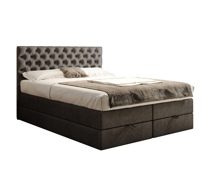 Lit Boxspring 160x200 Cm Louvre Rangement Et Matelas Ressorts Ensachés En Velours Gris Foncé