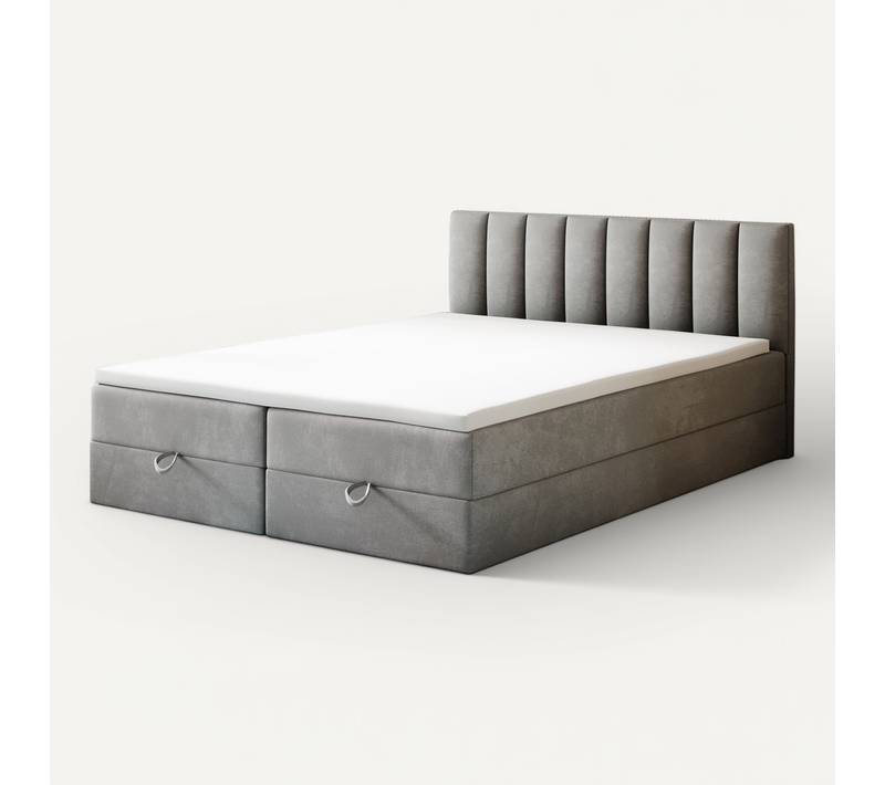 Lit Adulte 200x200 Cm City Matelas Ressorts Intégrés, Rangement, Surmatelas En Velours Gris Clair