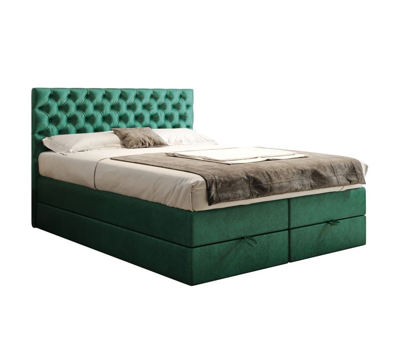 Lit Boxspring 160x200 Cm Louvre Rangement Et Matelas Ressorts Ensachés En Velours Vert