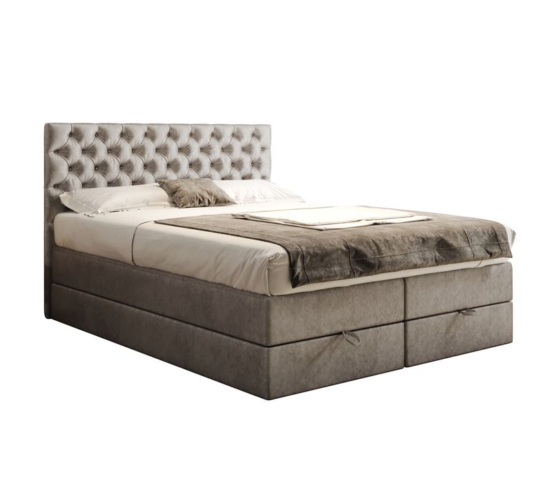 Lit Boxspring 160x200 Cm Louvre Rangement Et Matelas Ressorts Ensachés En Velours Gris Clair