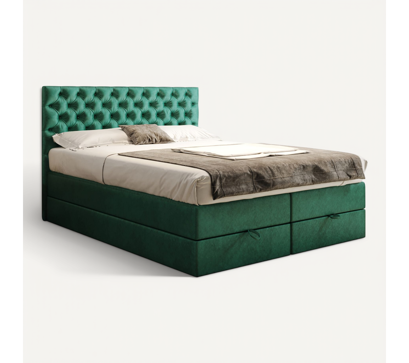 Lit Boxspring 180x200 Cm Louvre Rangement Et Matelas Ressorts Ensachés En Velours Vert