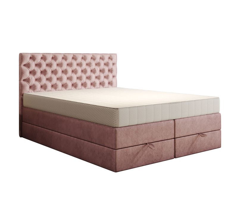 Lit Boxspring 180x200 Cm Louvre Avec Rangement Et Matelas Ressorts Ensachés En Velours Rose