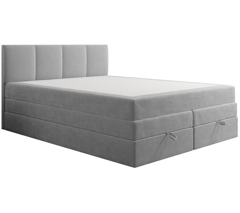 Lit Boxspring 200x200 Cm Prado Avec Rangement Et Matelas Ressorts Ensachés En Velours Gris Clair