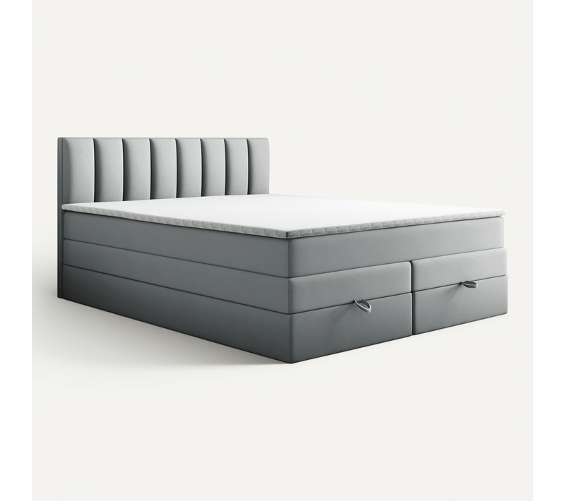 Lit Adulte 200x200 Cm Gusto Rangement Matelas Ressorts Ensachés Et Surmatelas En Velours Gris Clair