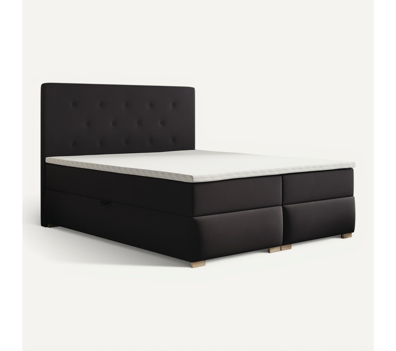 Lit Boxspring 180x200 Cm Lupin Avec Matelas Ressorts Intégrés, Rangement, Surmatelas En Velours Noir