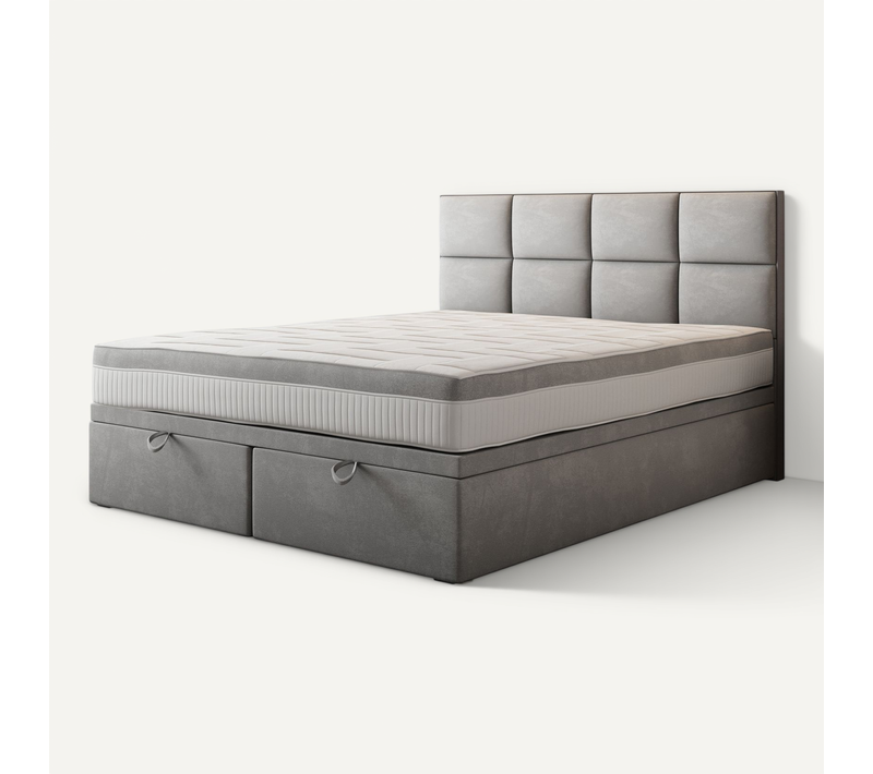 Lit Adulte 180x200 Cm Tropea Rangement Et Matelas Ressorts Ensachés En Tissu Velours Gris