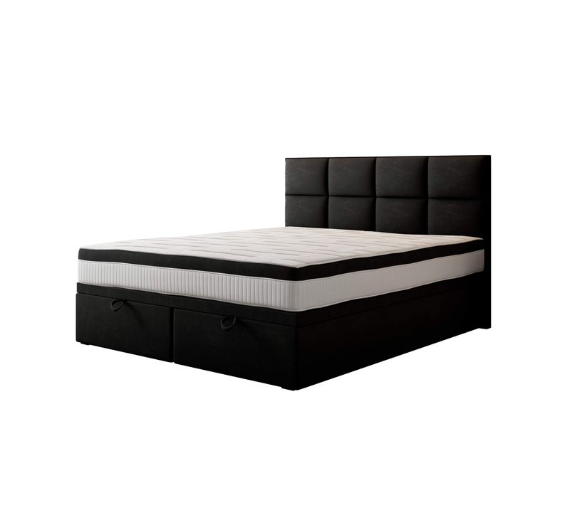 Lit Boxspring 180x200 Cm Tropea Rangement Et Matelas Ressorts Ensachés En Tissu Velours Noir