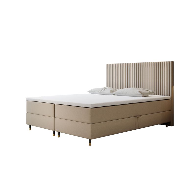 Ensemble 140x200 Cm Estepona Avec Matelas Ressorts Intégrés, Rangement, Surmatelas En Velours Beige