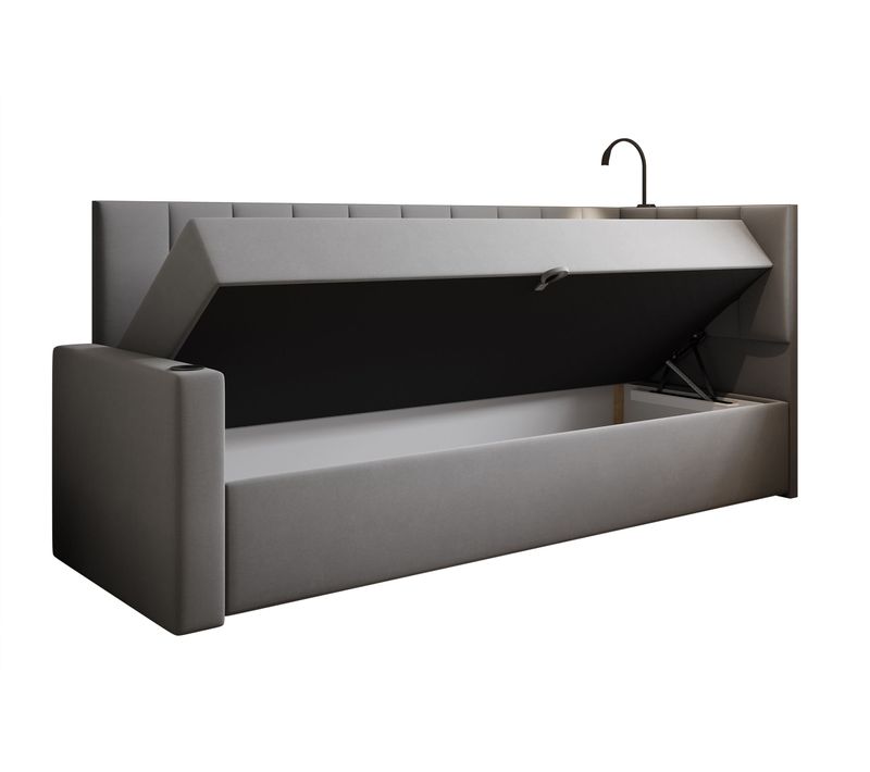 Lit Boxspring 80x200 Cm Tokio Avec Matelas Ressorts Intégré Et Rangement - Gris - Gauche