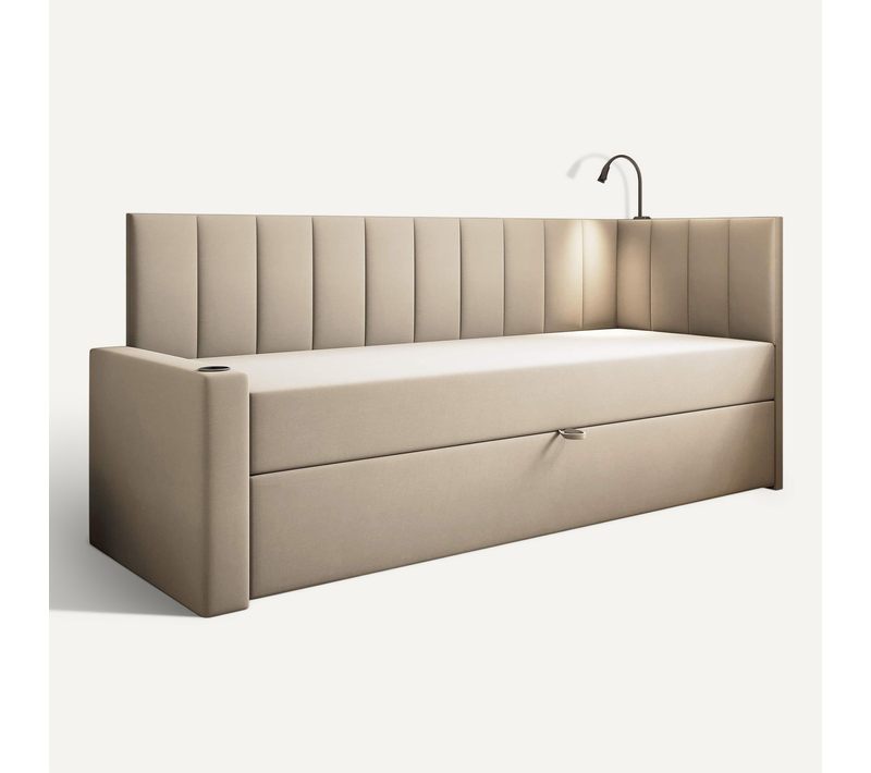 Lit Boxspring 80x200 Cm Tokio Avec Matelas Ressorts Intégré Et Rangement - Beige - Gauche