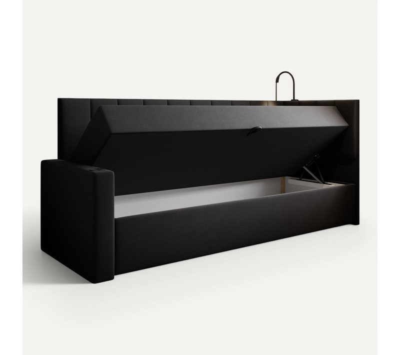 Lit Boxspring 80x200 Cm Tokio Avec Matelas Ressorts Intégré Et Rangement - Noir - Gauche