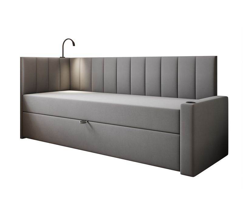 Lit Boxspring 90x200 Cm Tokio Avec Matelas Ressorts Intégré Et Rangement - Gris - Droit