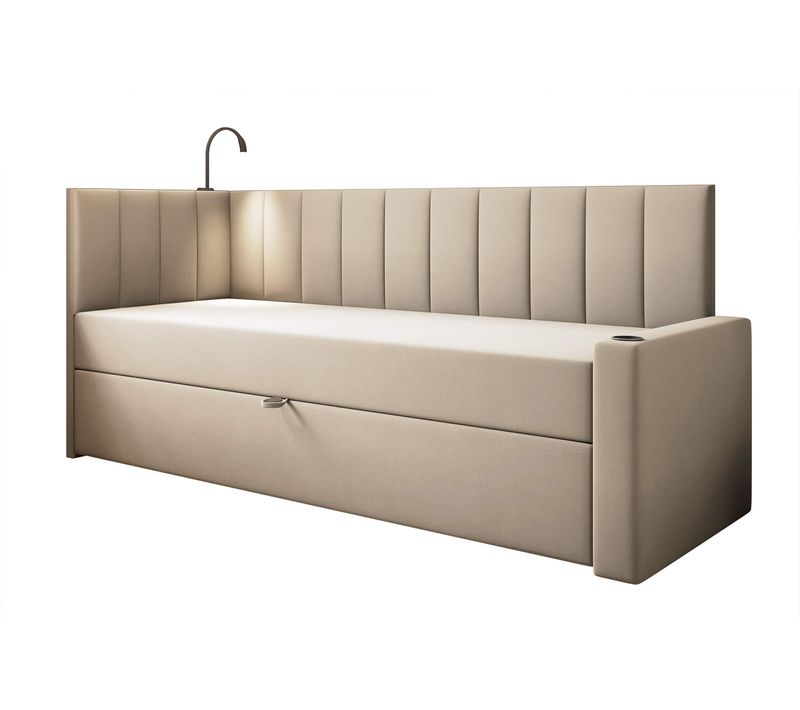 Lit Boxspring 90x200 Cm Tokio Avec Matelas Ressorts Intégré Et Rangement - Beige - Droit