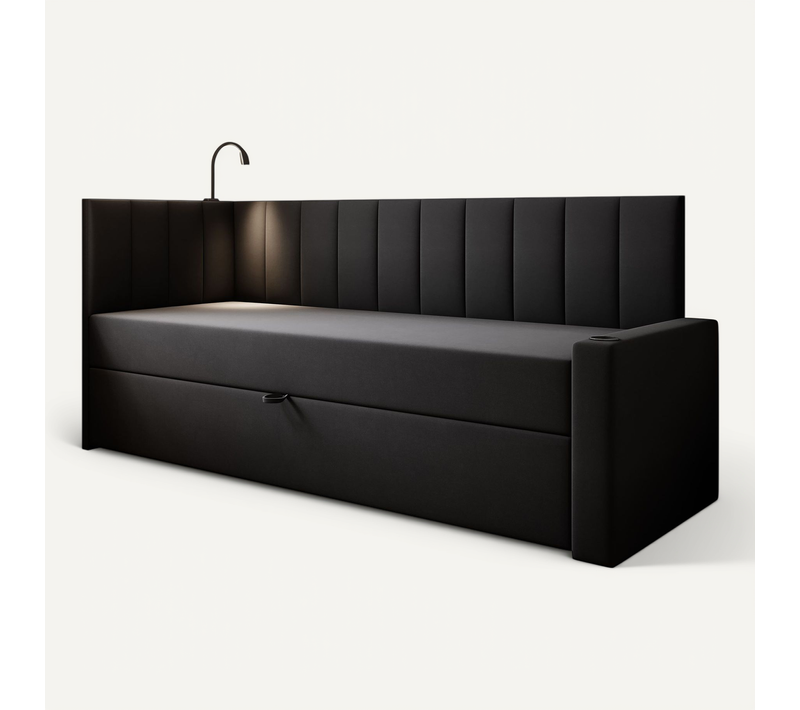 Lit Boxspring 90x200 Cm Tokio Avec Matelas Ressorts Intégré Et Rangement - Noir - Droit