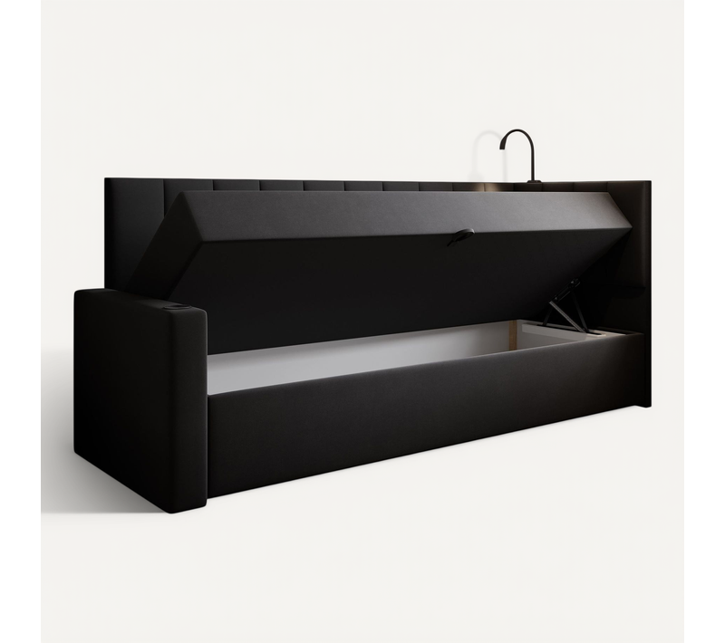 Lit Boxspring 90x200 Cm Tokio Avec Matelas Ressorts Intégré Et Rangement - Noir - Gauche