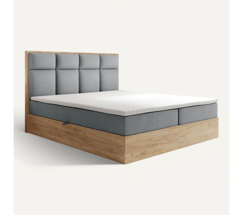Lit Adulte 200x200 Cm Selva Rangement Matelas Ressorts Ensachés Et Surmatelas En Velours Gris