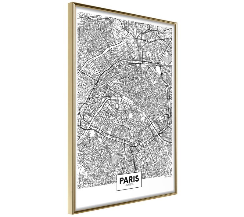 Affiche Murale Encadrée "city Map Paris" 30 X 42 Cm Doré