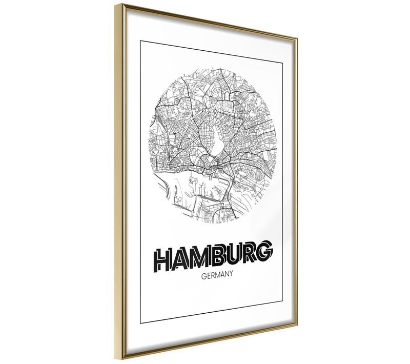 Affiche Murale Encadrée "city Map Hamburg Round" 21 X 30 Cm Doré