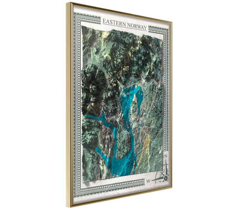 Affiche Murale Encadrée "raised Relief Map Eastern Norway" 21 X 30 Cm Doré