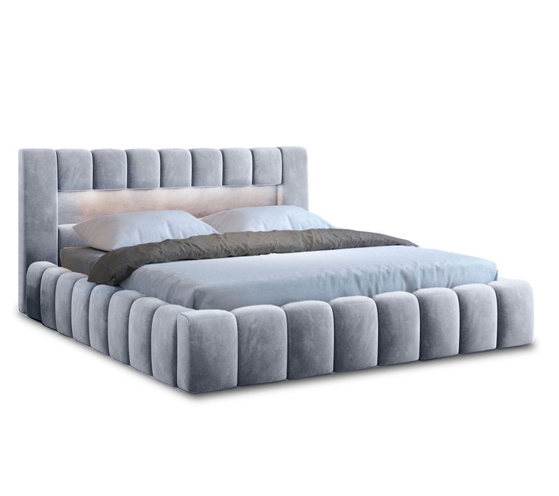 Cadre De Lit Kenza Avec Coffre Et Éclairage LED En Velours - Gris Clair