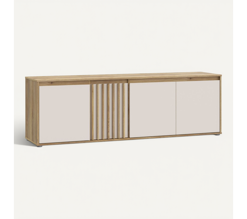 Meuble TV 174,3 Cm – 4 Portes, Chêne Effet et Portes Blanches Mates