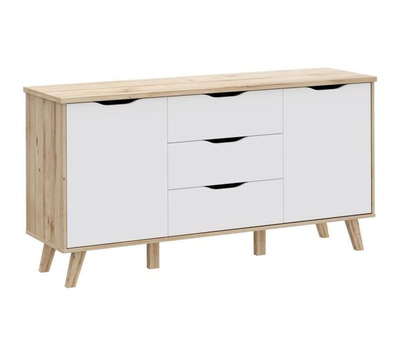 Buffet 150 Cm - Vankka - Chene / Blanc Mat - 2 Portes - 3 Tiroirs