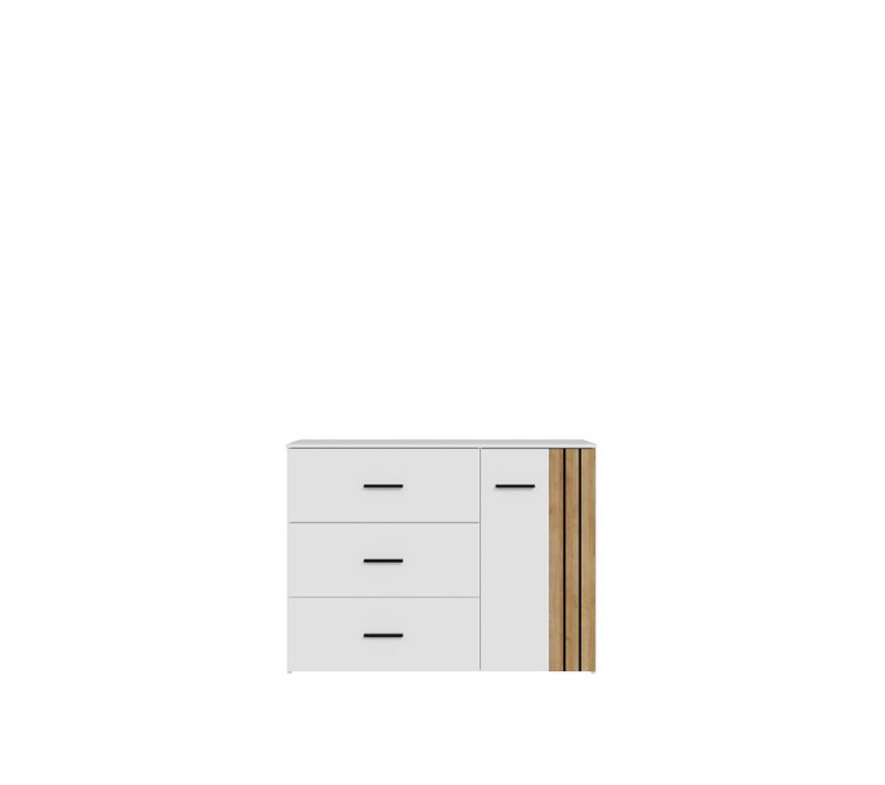 Commode 3 tiroirs 1porte 120cm WAKATIPU blanc brillant/imitation chêne