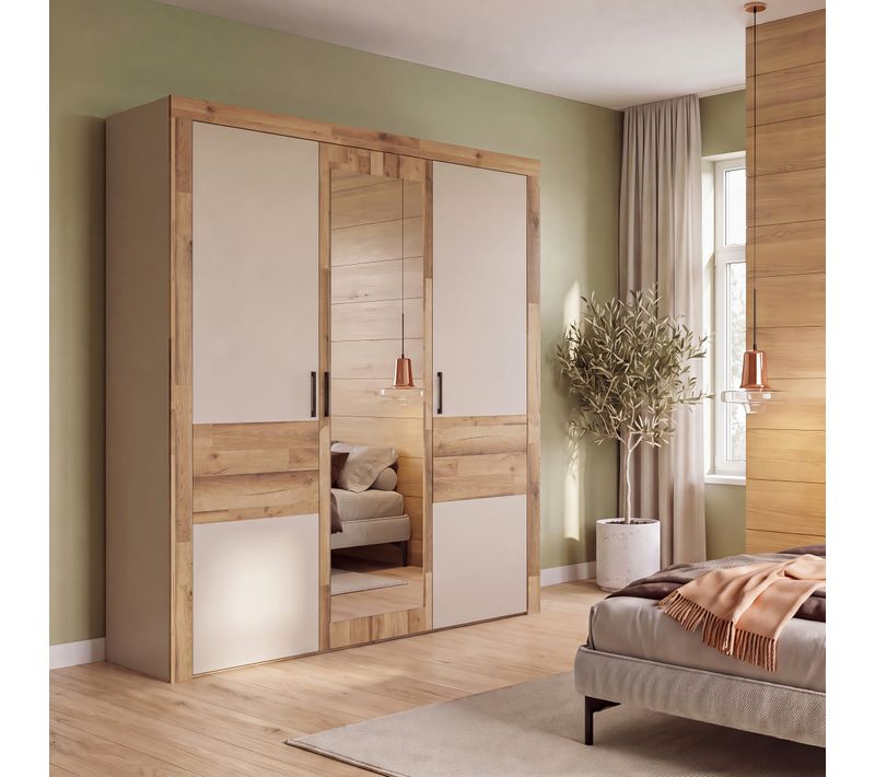 Armoire 3 portes battantes RICCIANO imitation chêne et grège