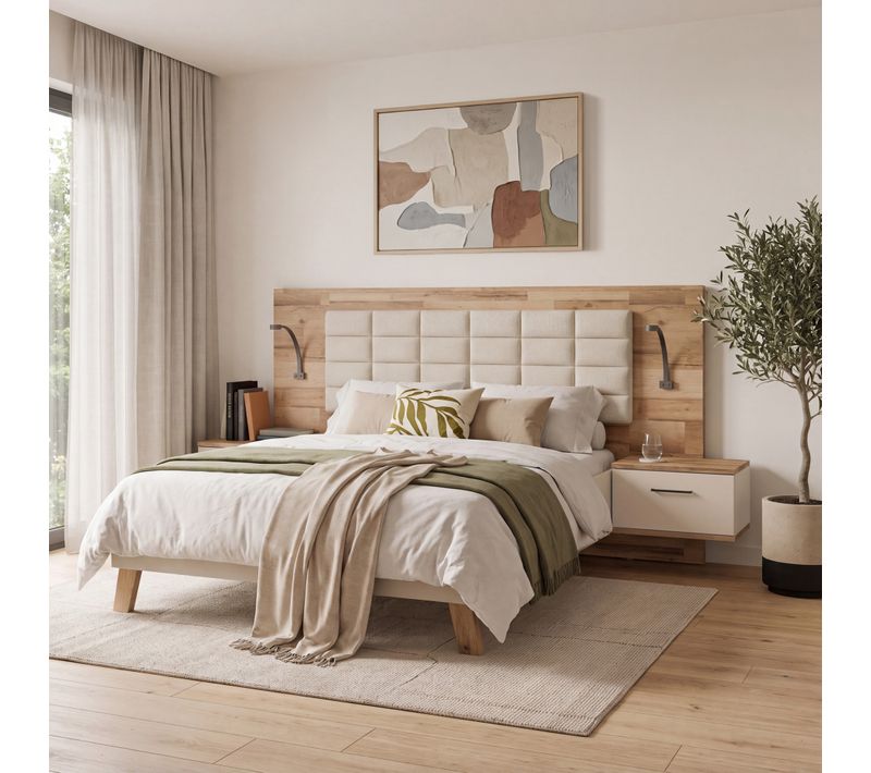 Lit 140x190cm chevets intégrés RICCIANO imitation chêne et grège