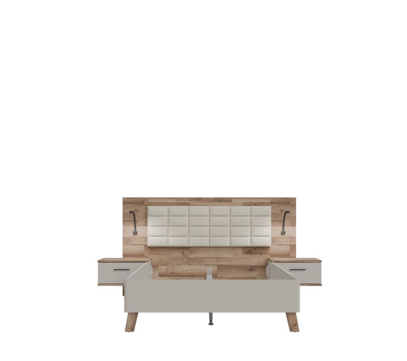 Lit 140x190cm chevets intégrés RICCIANO imitation chêne et grège
