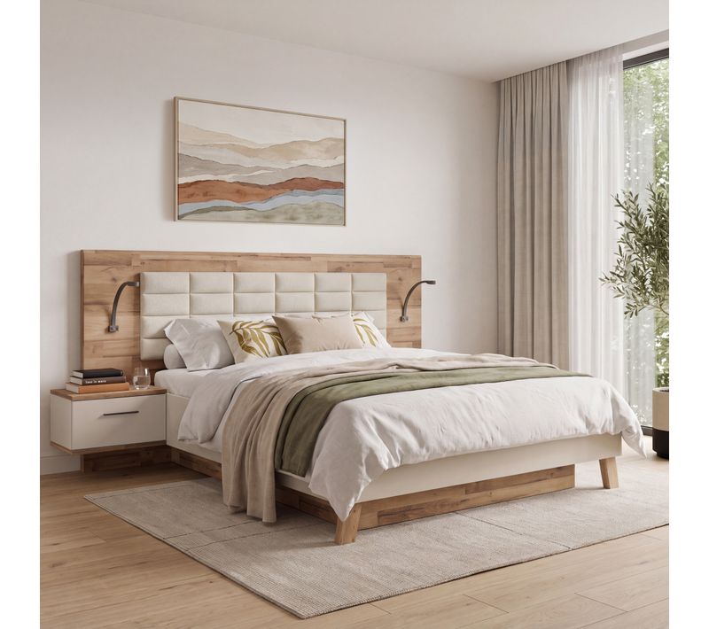 Lit coffre 140x190cm chevets RICCIANO imitation chêne et grège