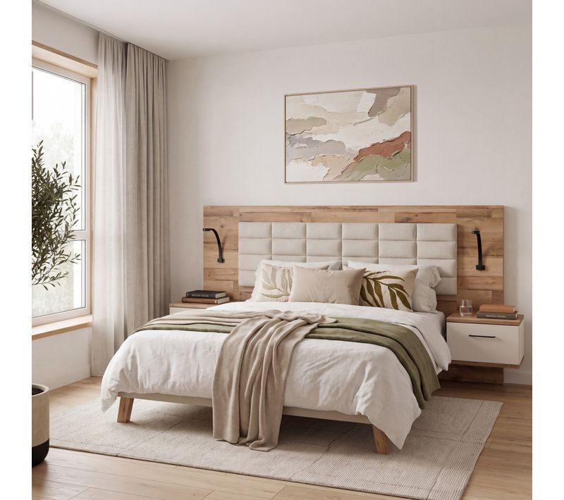 Lit 160x200cm chevets intégrés RICCIANO imitation chêne et grège