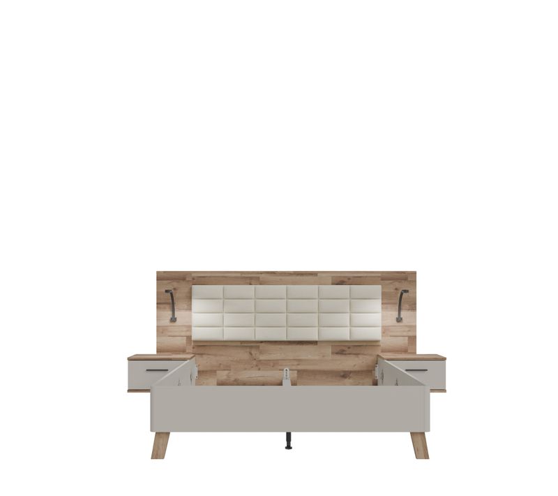 Lit 160x200cm chevets intégrés RICCIANO imitation chêne et grège