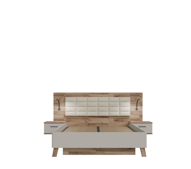 Lit coffre 160x200cm chevets RICCIANO imitation chêne et grège