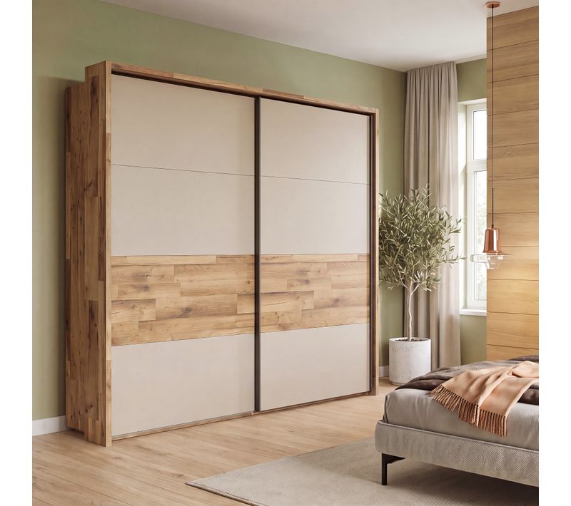 Armoire 2 portes coulissantes RICCIANO imitation chêne et grège