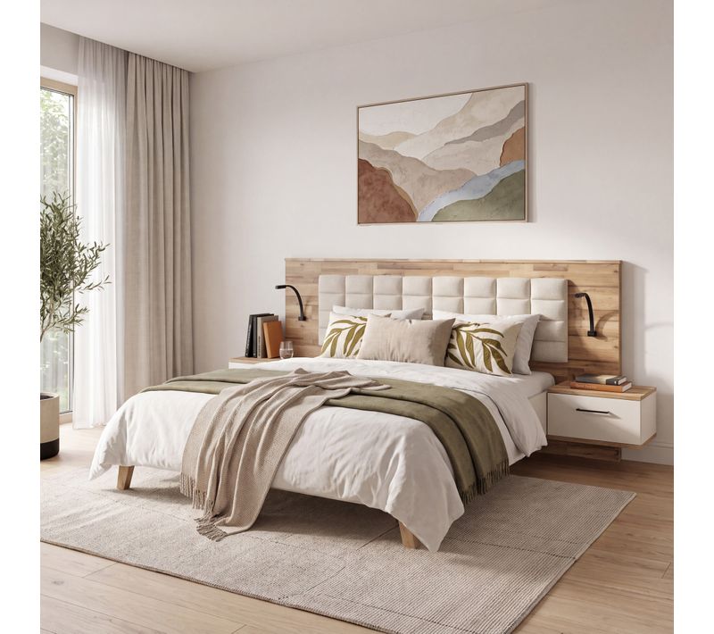 Lit 180x200cm chevets intégrés RICCIANO imitation chêne et grège