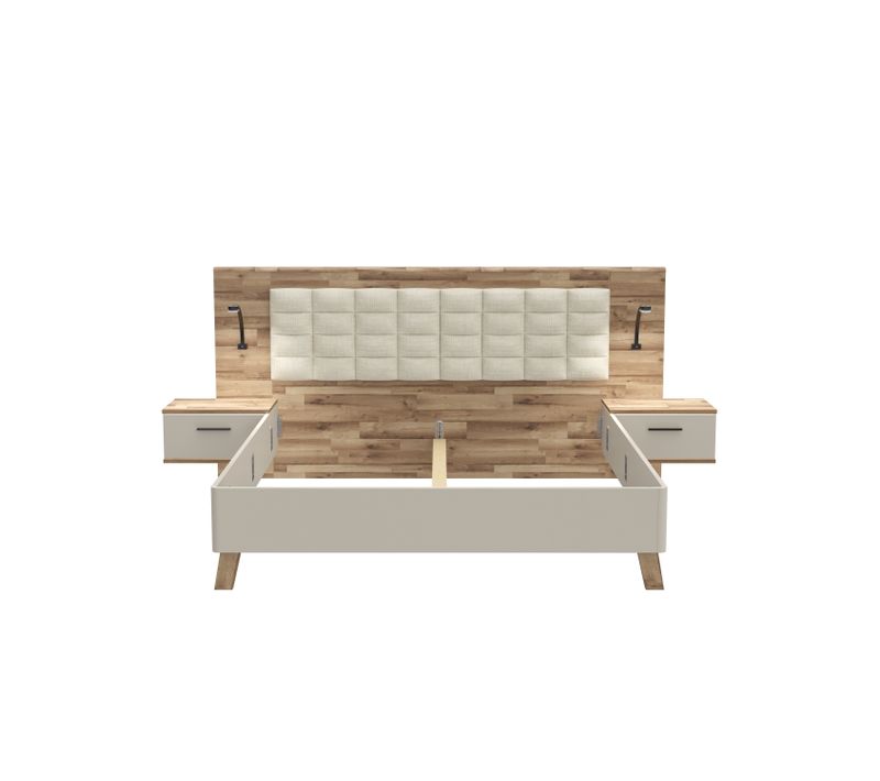 Lit 180x200cm chevets intégrés RICCIANO imitation chêne et grège