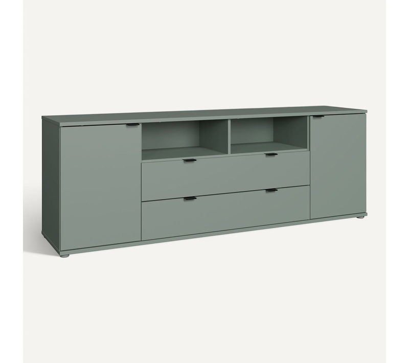 Meuble TV - Ganymede - Sauge - 2 Portes, 2 Tiroirs, 2 Niches - 179,8 X 41,3 X 63,1 Cm