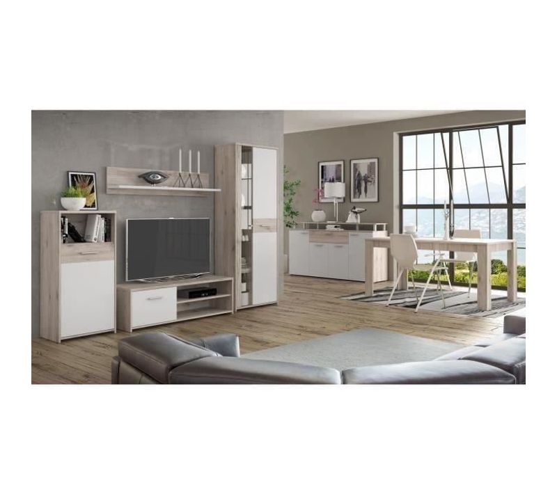 Gulada Ensemble Meuble Télé - 170cm - Table à Manger 160cm - Contemporain - Blanc Et Décor Chene