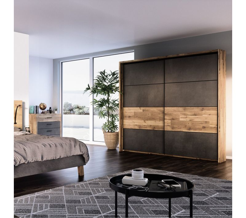 Armoire 2 portes coulissantes L.231 cm RICCIANO imitation chêne béton gris