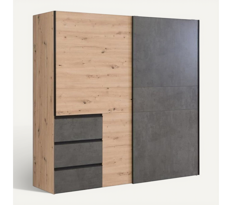 Armoire 2 Portes Coulissantes 3 Tiroirs - Décor Chene Artisan Et Béton Gris - L 200,1 X P 61,2 X H