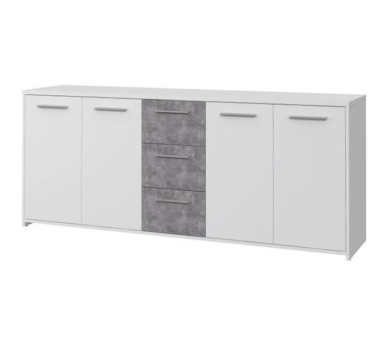 Buffet Bas - Panneaux De Particules - Blanc Et Décor Gris Béton - 4 Portes - L 179xp 42xh 74,5 Cm