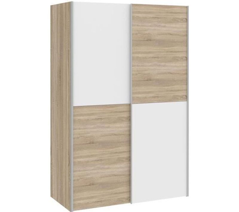 Armoire 2 Portes Coulissantes - Blanc Mat Et Décor Chêne - L120 X P61,2 X H190,5 Cm