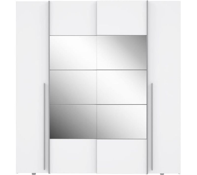 Armoire Narago - Décor Blanc Mat - 2 Portes Coulissantes + Miroir + 2 Portes Battantes + 2 Penderie
