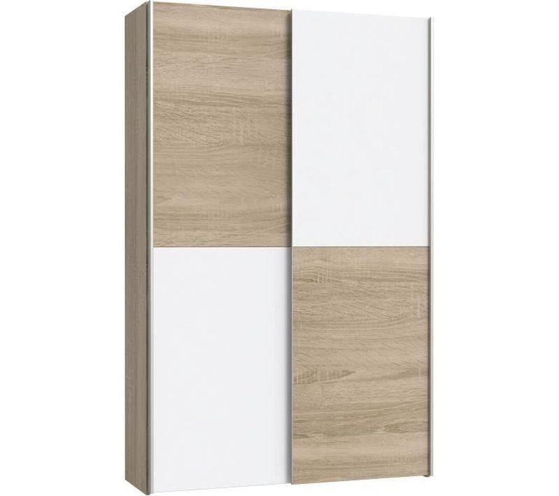Armoire 2 Portes Coulissantes Multifonction - Blanc Et Chene Clair - L120 X P41,6 X H190,5 Cm - Ozz
